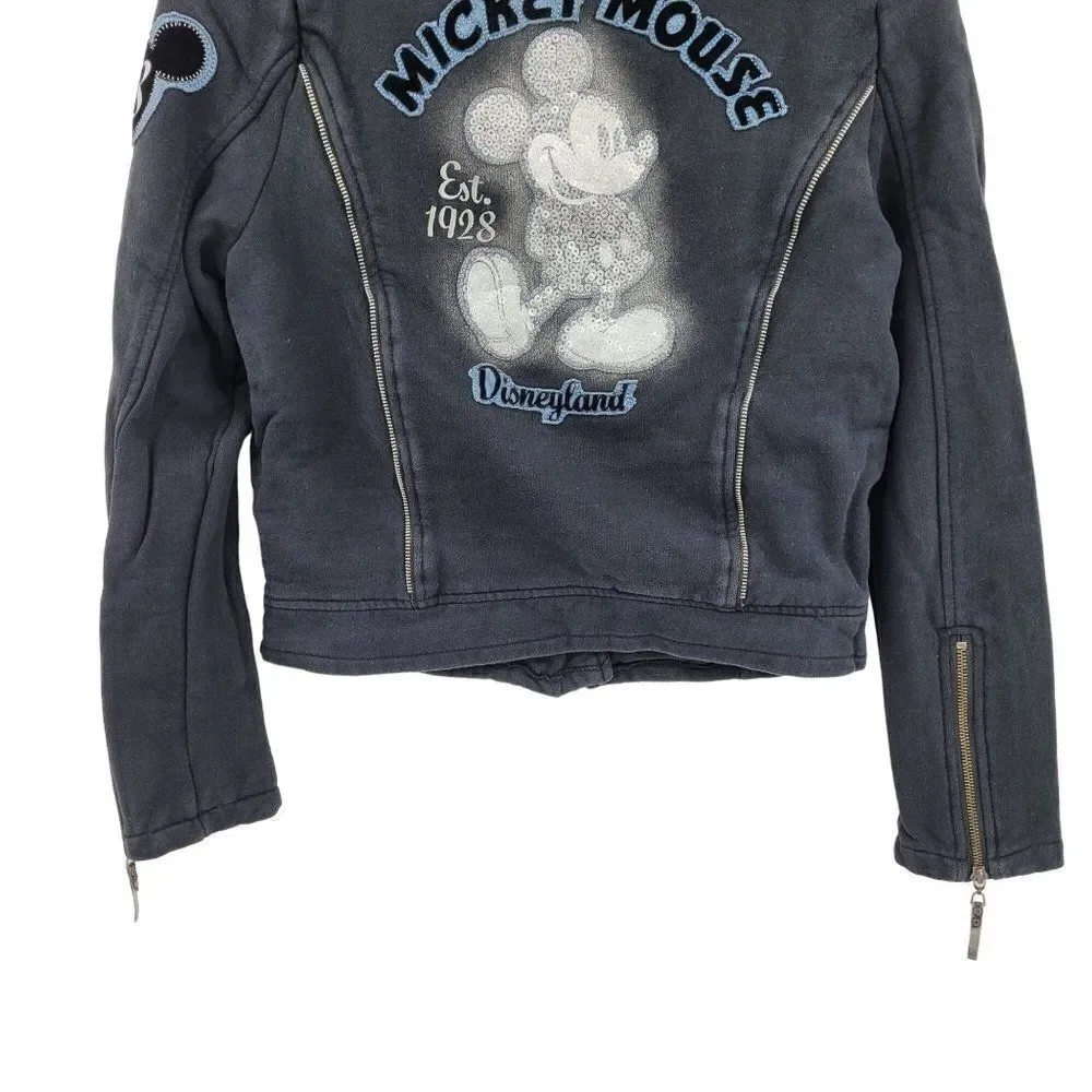Disney Parks Disneyland Moto Jacket Sweatshirt M Black Sequined Mickey‎ 3D Zip